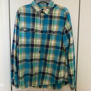 American Eagle Blue Green Yellow Patterned Flannel Shirt